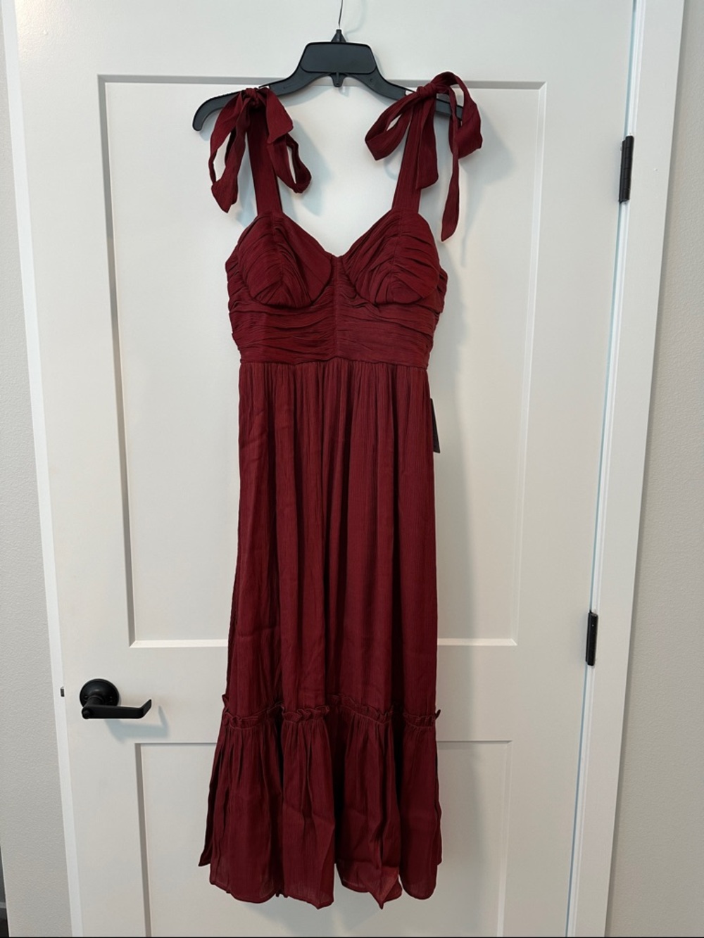 Tie-Shoulder Burgundy Maxi Dress with Ruched Bodice
